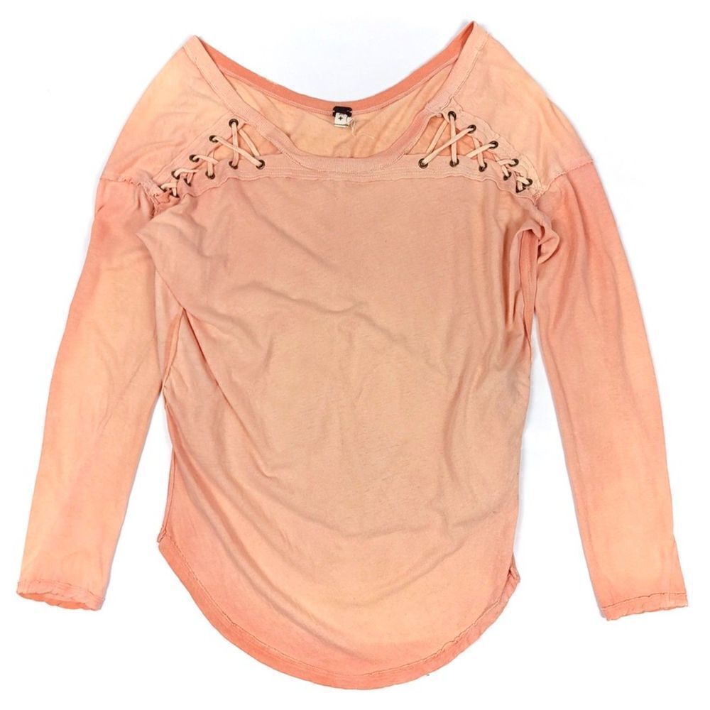 FREE PEOPLE Linen First Love Lace Up Long Sleeve Tunic Tee Peach Burnout Medium